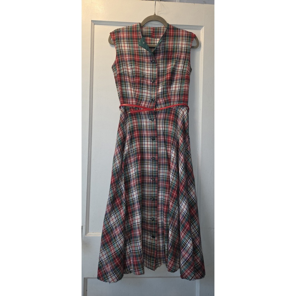 Vintage 70's Red Green Plaid A Line Belted Cotton Dress. S